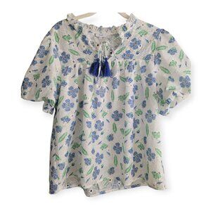 Romantic Boho White Eyelet Blouse Puff Sleeve Floral Top Medium Voy Chic